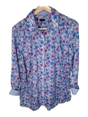 Talbots Cotton Button Down Shirt Size 2X Poppy Ditsy Floral Flip Cuffs Airy
